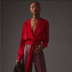 Anthropologie Deep Red Wrap Blouse with Waist Tie